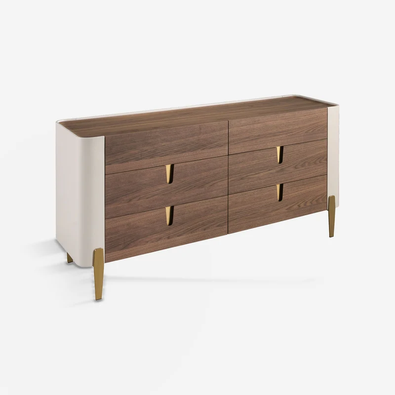 Chest of drawers in walnut, beige, polished gold steel and walnut top
