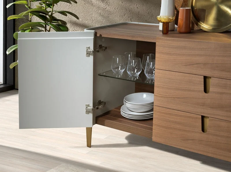 Chest of drawers in walnut, beige, polished gold steel and walnut top