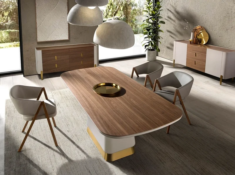 Chest of drawers in walnut, beige, polished gold steel and walnut top