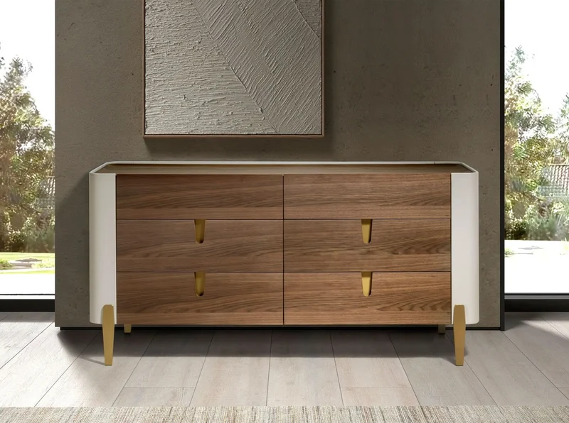 Chest of drawers in walnut, beige, polished gold steel and walnut top