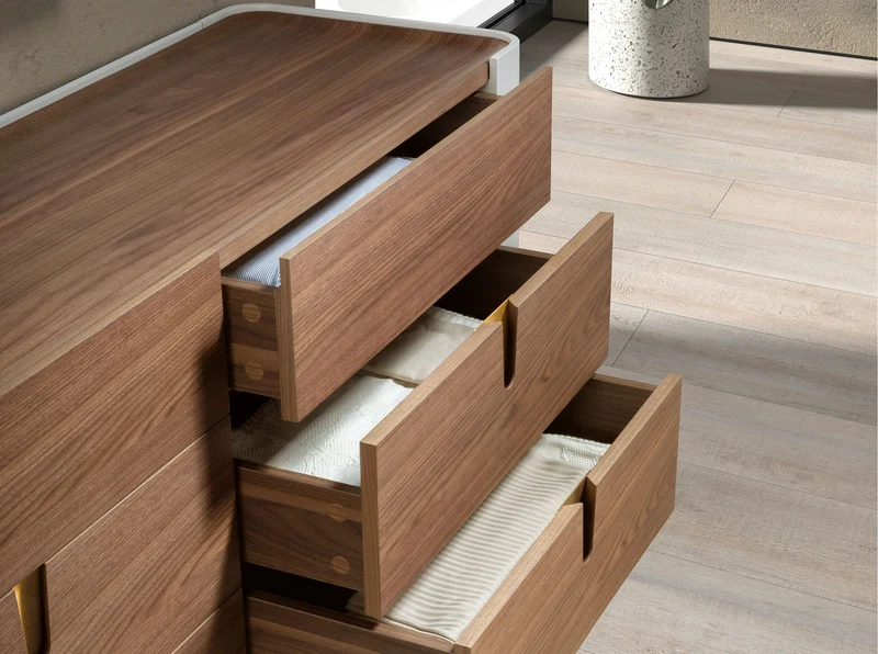 Chest of drawers in walnut, beige, polished gold steel and walnut top