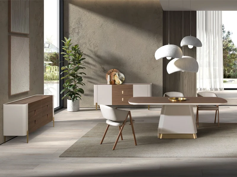 Chest of drawers in walnut, beige, polished gold steel and walnut top