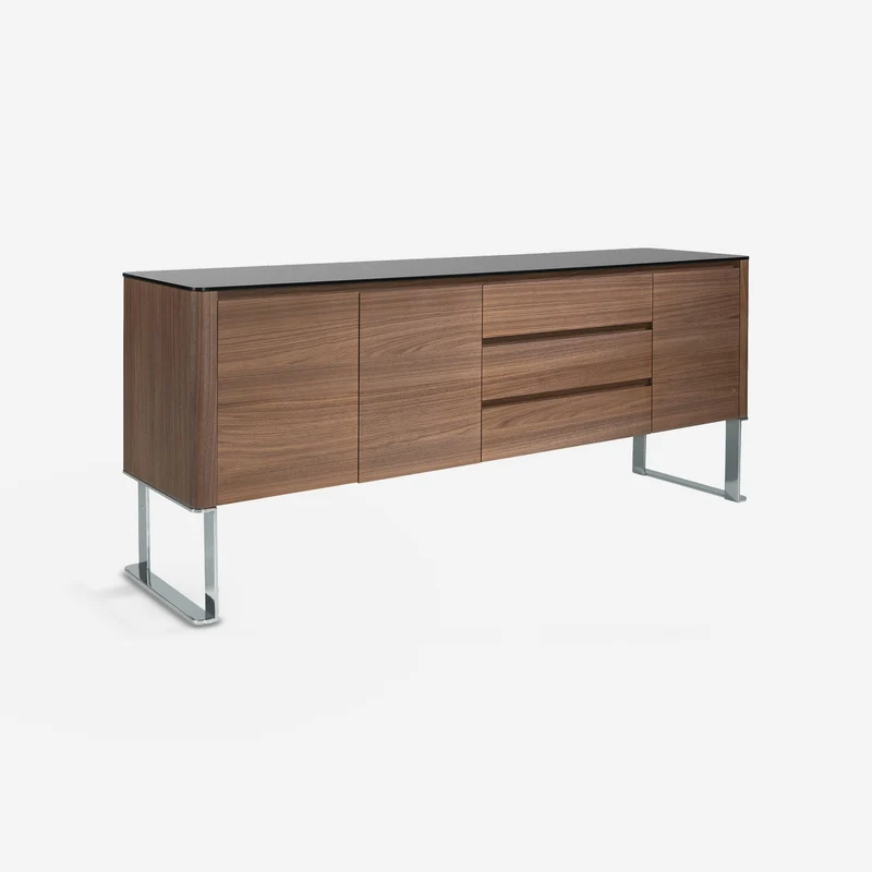 Walnut sideboard, chrome-plated steel and black glass top