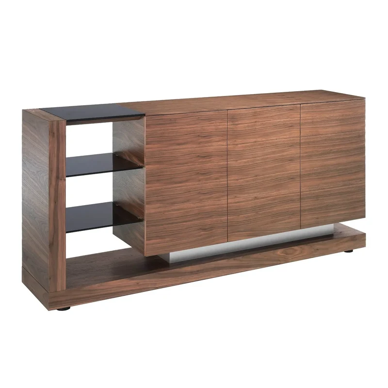 Walnut sideboard, polished steel and black glass top