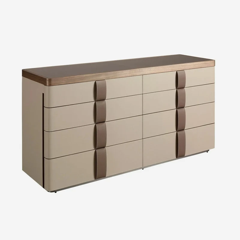 Chest of drawers in faux leather, walnut, polished steel base and brown smoked glass top