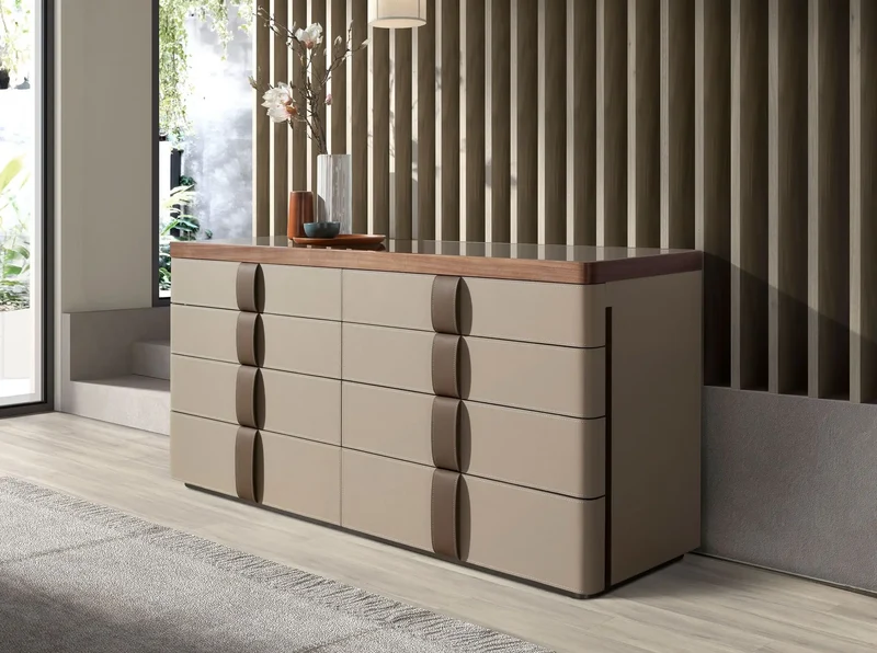 Chest of drawers in faux leather, walnut, polished steel base and brown smoked glass top
