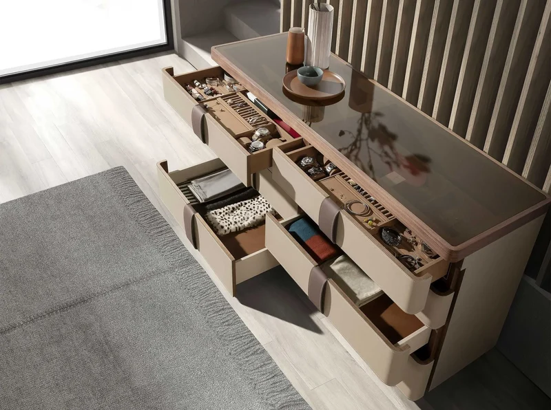 Chest of drawers in faux leather, walnut, polished steel base and brown smoked glass top