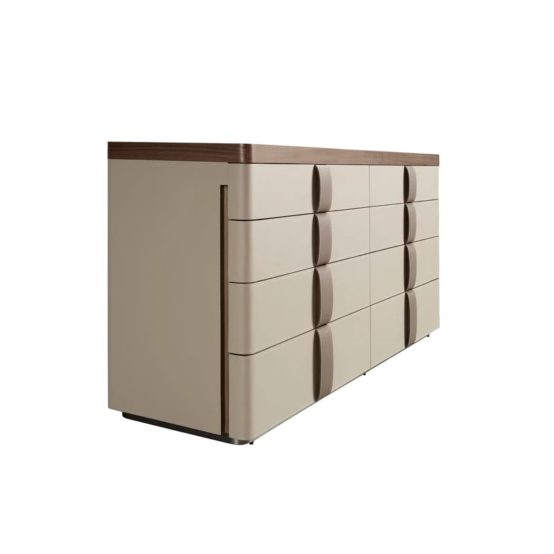 Chest of drawers in faux leather, walnut, polished steel base and brown smoked glass top