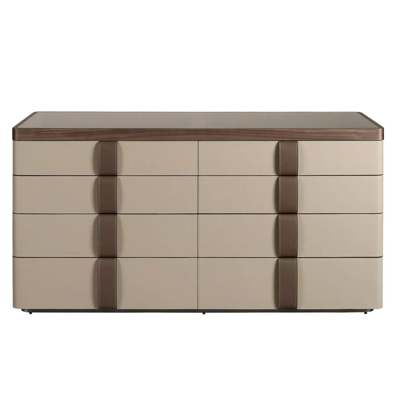 Chest of drawers in faux leather, walnut, polished steel base and brown smoked glass top