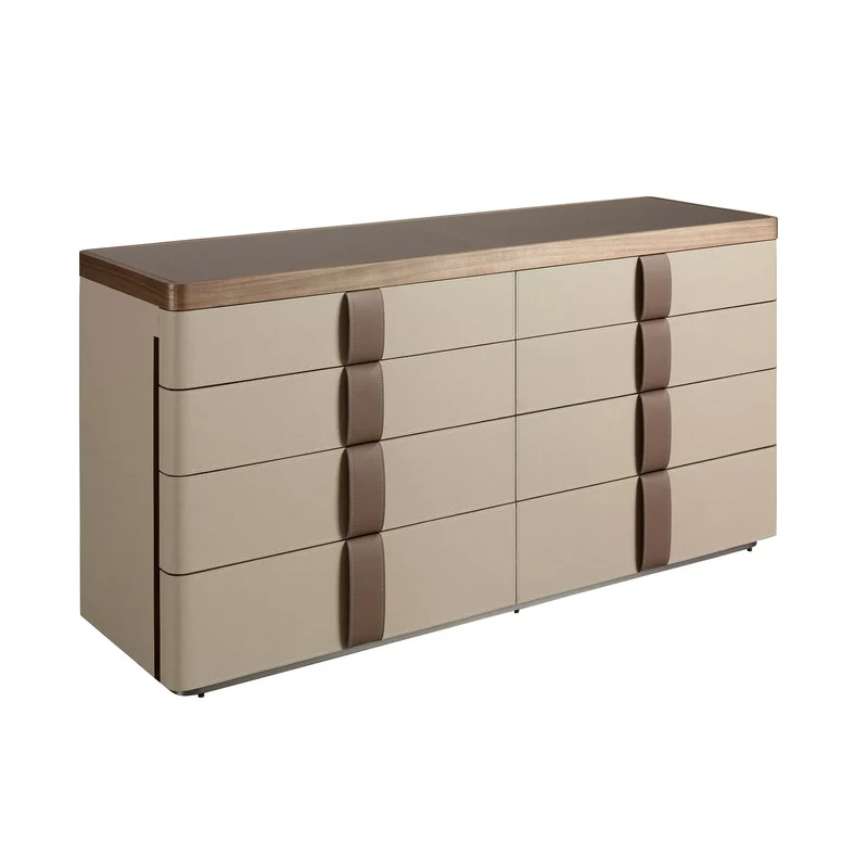 Chest of drawers in faux leather, walnut, polished steel base and brown smoked glass top
