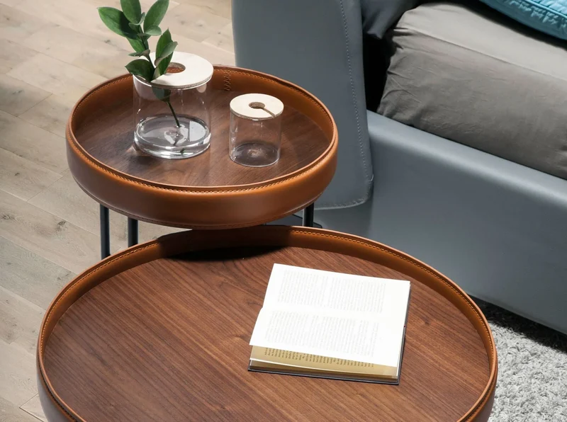 Round corner table in faux leather, walnut and black steel