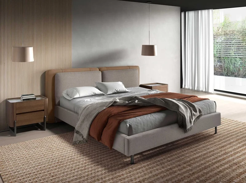 Mink-colored faux leather bed and grey fabric