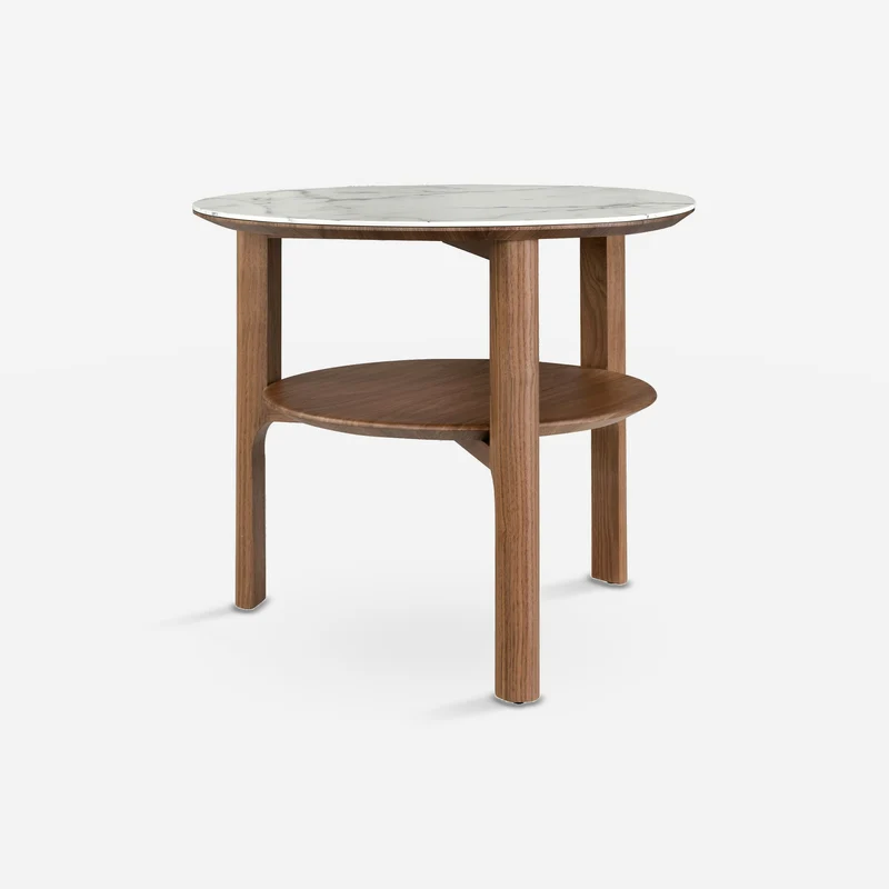 Round corner table in porcelain marble and walnut