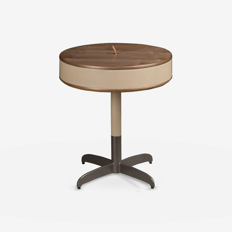 Round corner table in faux leather, walnut and grey steel