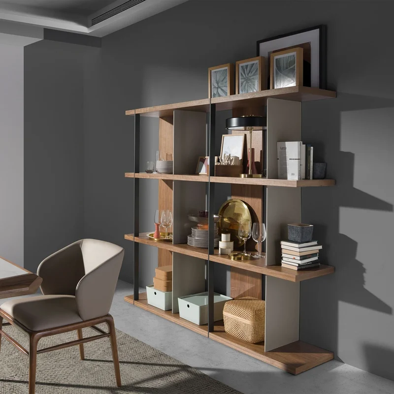 Walnut and grey wood shelving