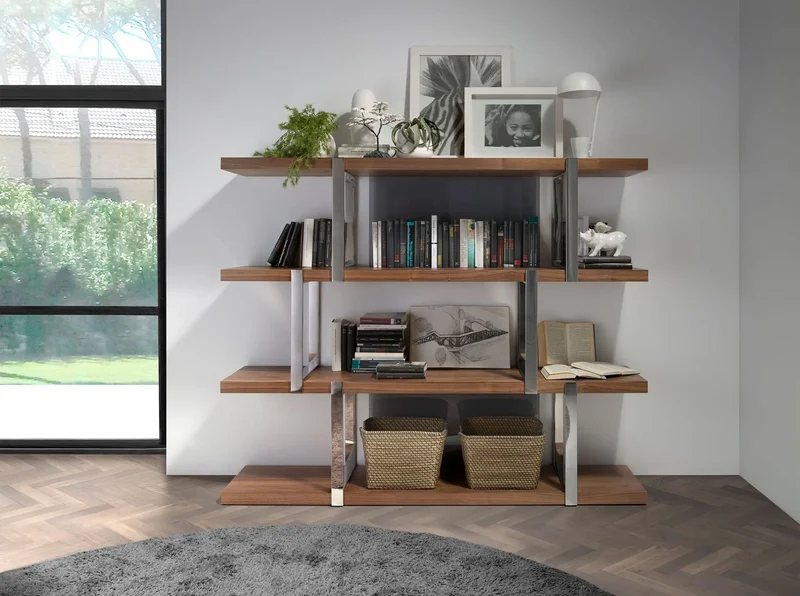 Walnut shelving with black glass dividers