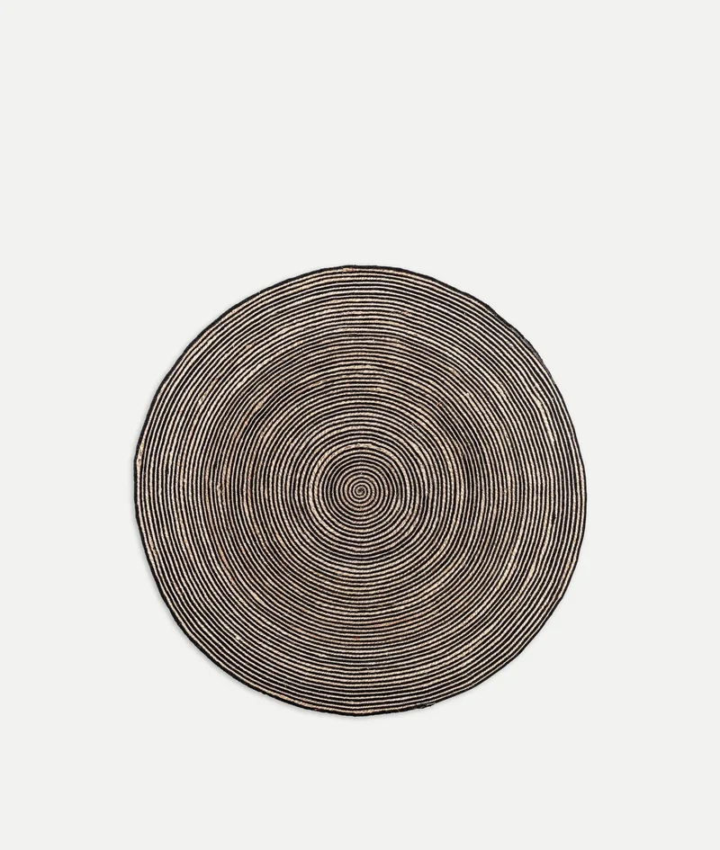 Leandra round beige cotton rug with black details