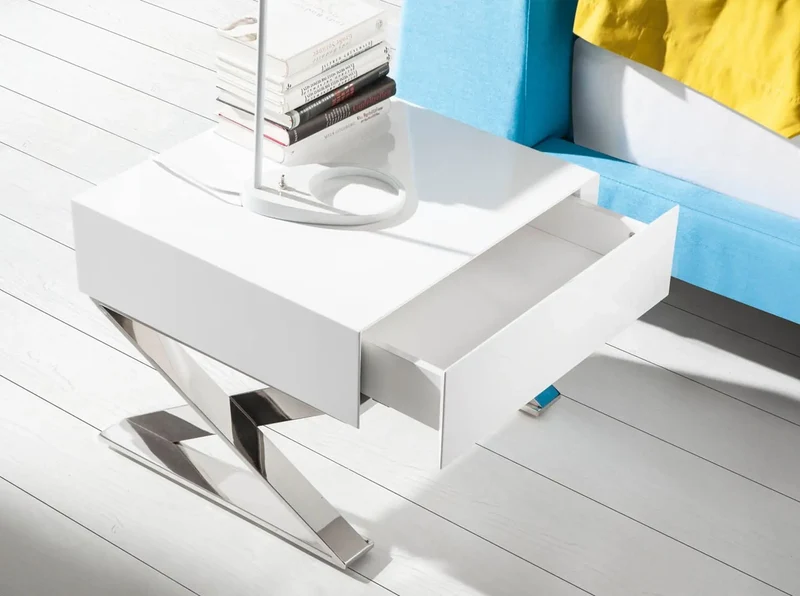 White wood and chrome steel nightstand
