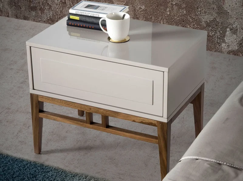 Beige and walnut wood nightstand