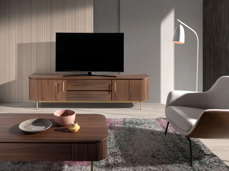 Walnut and polished gold steel TV cabinet