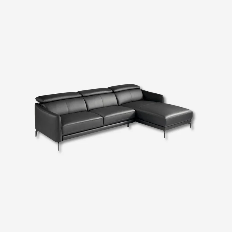 Right-facing black leather chaise longue sofa