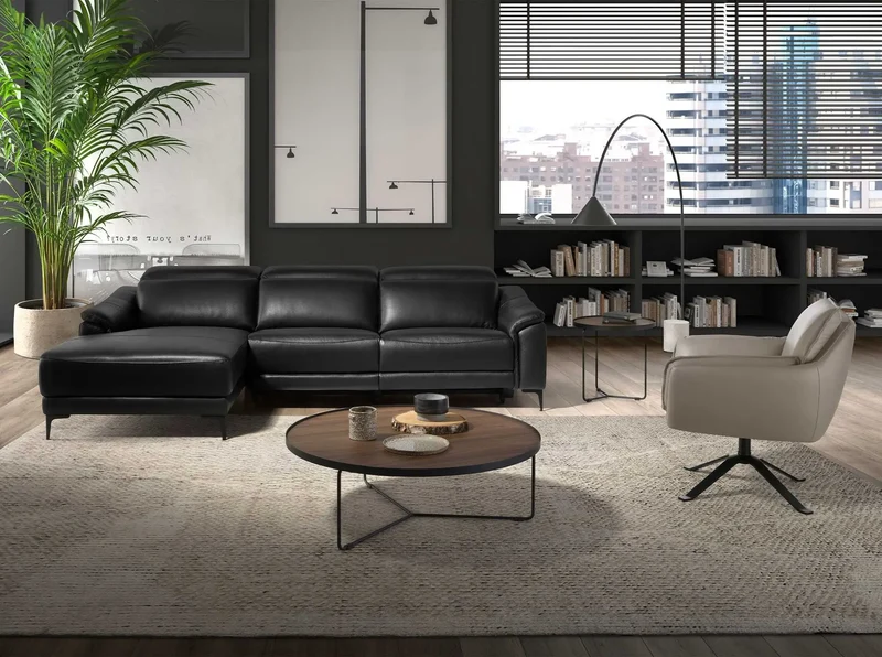 Relaxing chaise longue sofa, left, black leather