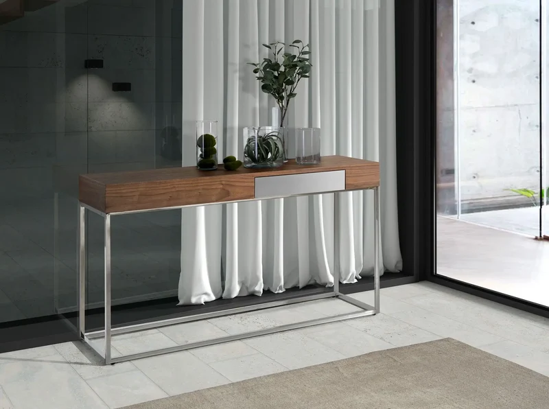 Rectangular walnut and chrome-plated steel console