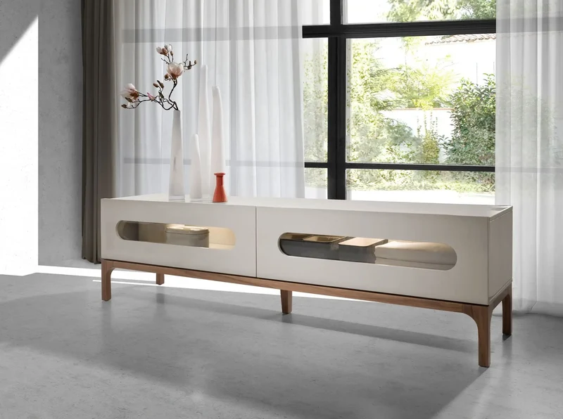 Grey and walnut wood TV cabinet with interior lighting