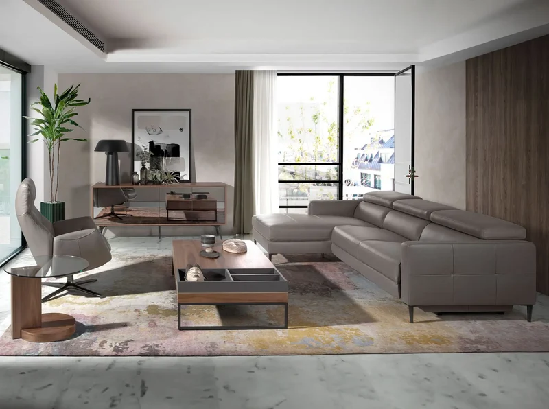 Relaxing chaise longue sofa left, dark grey leather