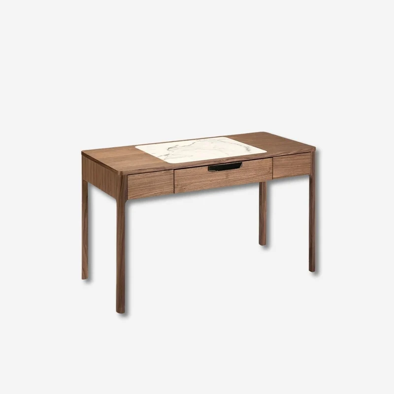 Walnut dressing table with marble-effect glass top