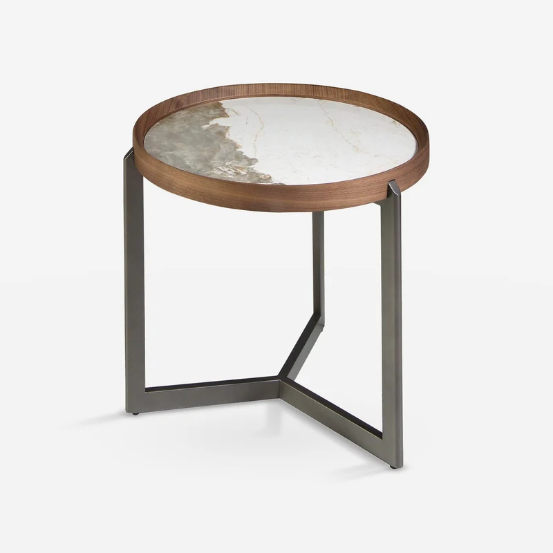 Round corner table in porcelain marble, walnut and mink metal steel