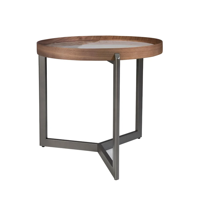 Round corner table in porcelain marble, walnut and mink metal steel