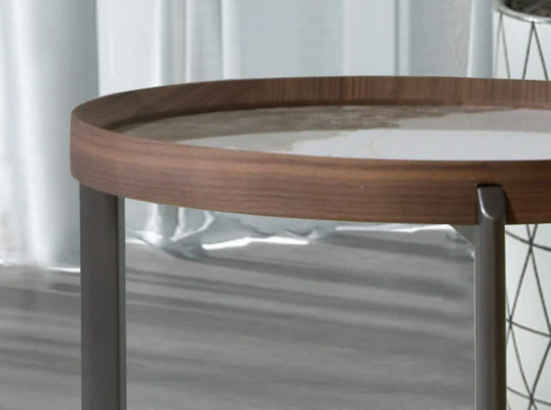 Round corner table in porcelain marble, walnut and mink metal steel