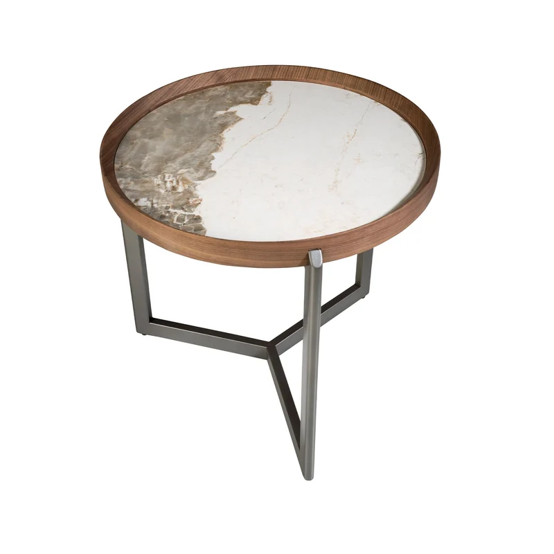 Round corner table in porcelain marble, walnut and mink metal steel