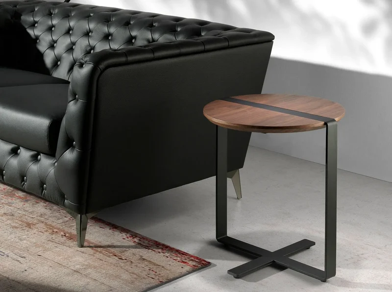 Round walnut and black steel corner table