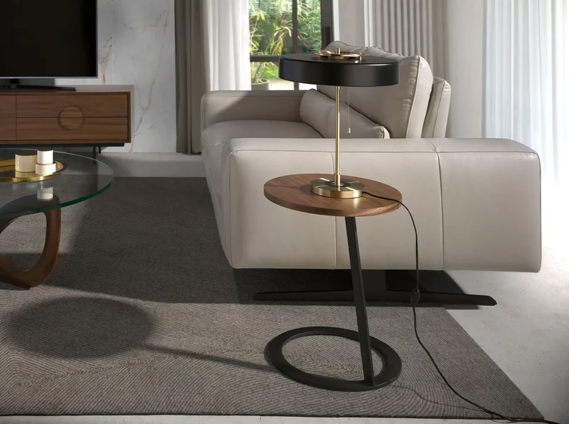 Round walnut and black steel corner table