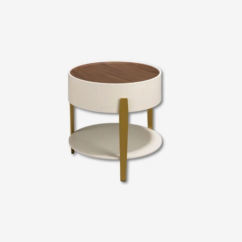 Round corner table in walnut, beige wood and polished gold steel