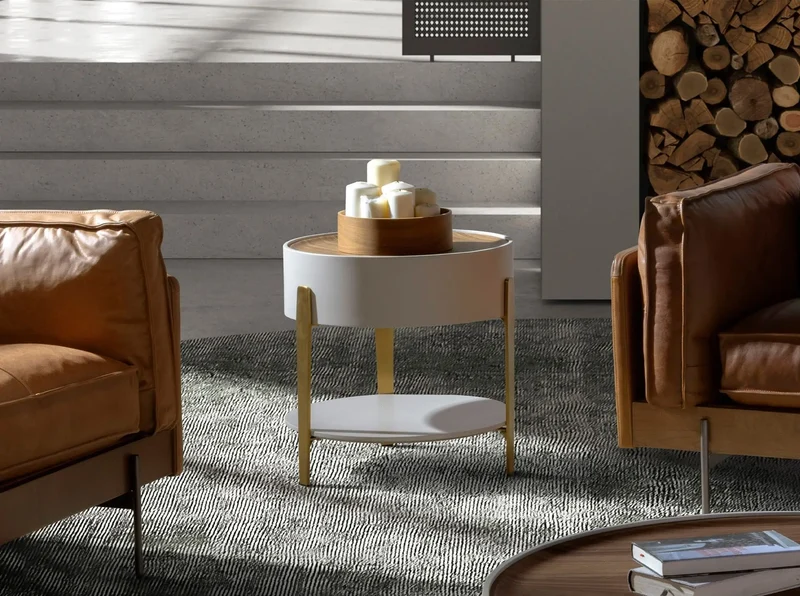 Round corner table in walnut, beige wood and polished gold steel
