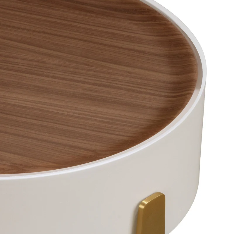 Round corner table in walnut, beige wood and polished gold steel