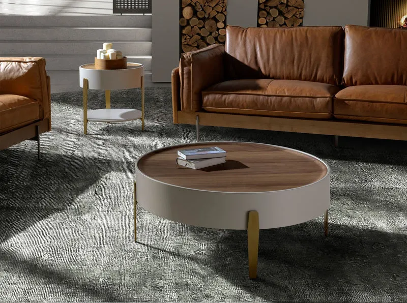 Round corner table in walnut, beige wood and polished gold steel