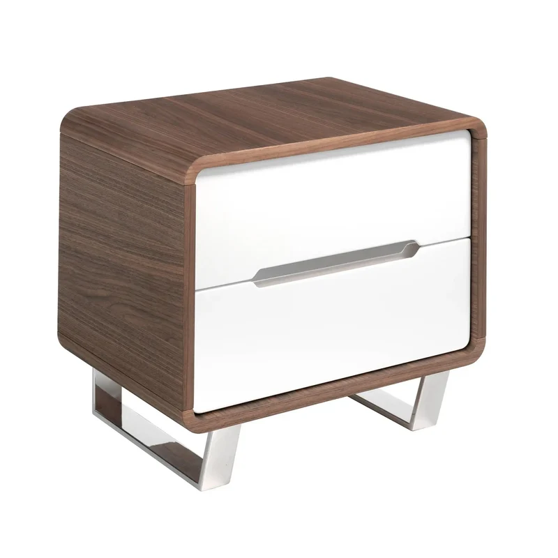 White, walnut and chrome-plated steel bedside table