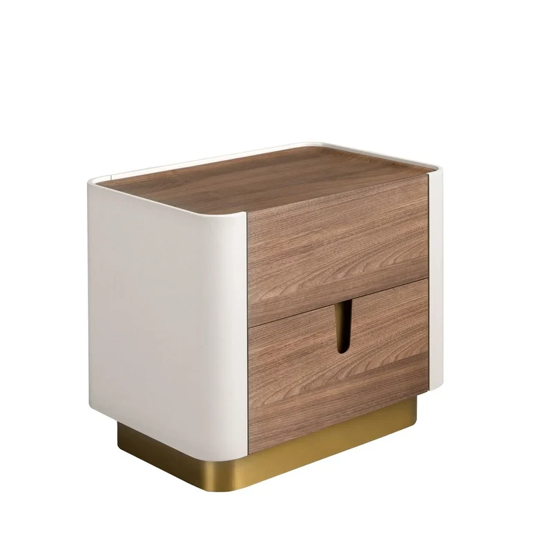 Walnut, beige, polished gold steel and walnut top bedside table