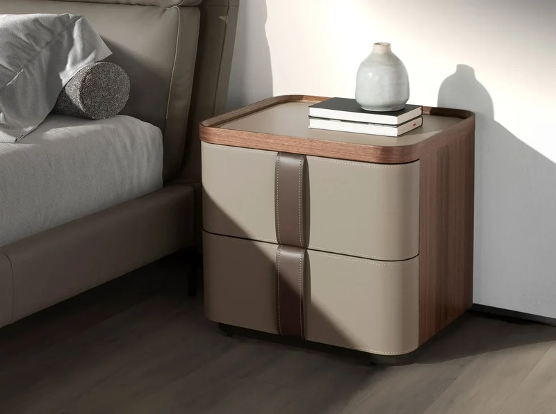 Faux leather and walnut nightstand with polished steel base