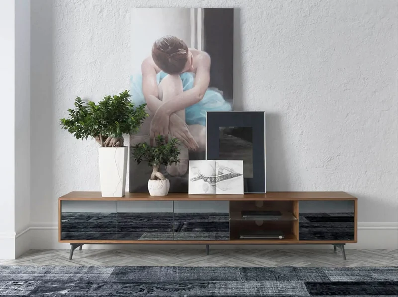 Black mirror-effect glass TV cabinet, walnut and black steel