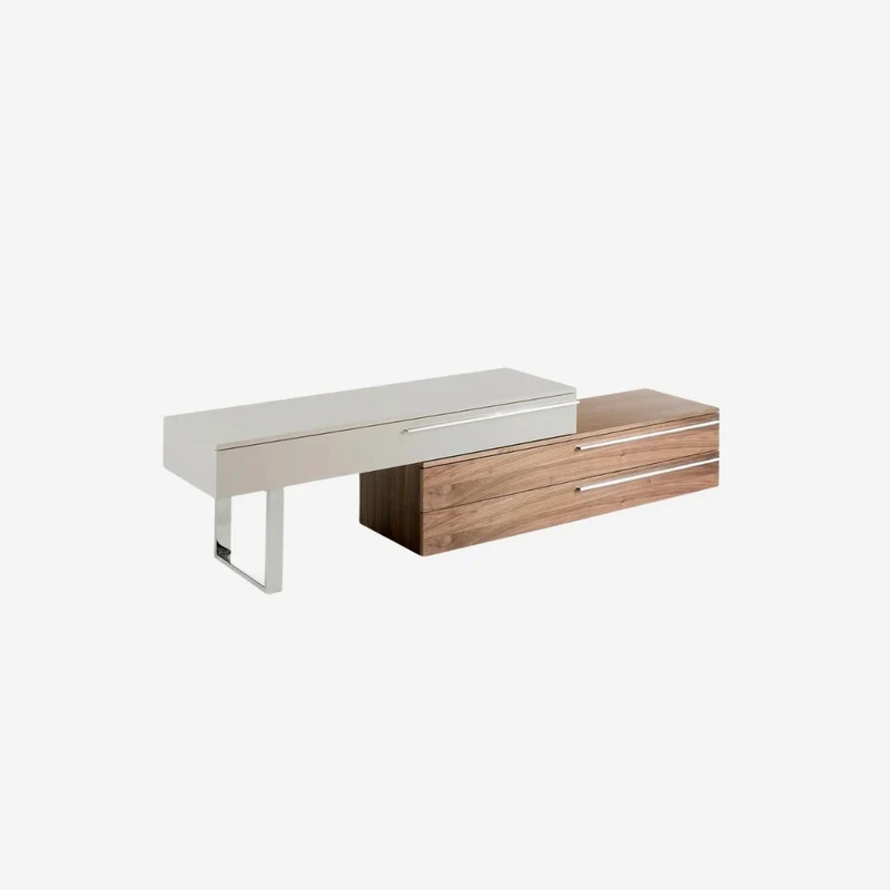TV cabinet in beige wood, walnut and chrome steel