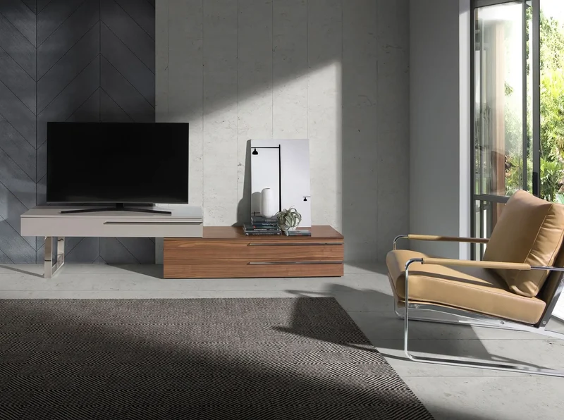 TV cabinet in beige wood, walnut and chrome steel