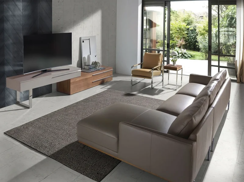 TV cabinet in beige wood, walnut and chrome steel