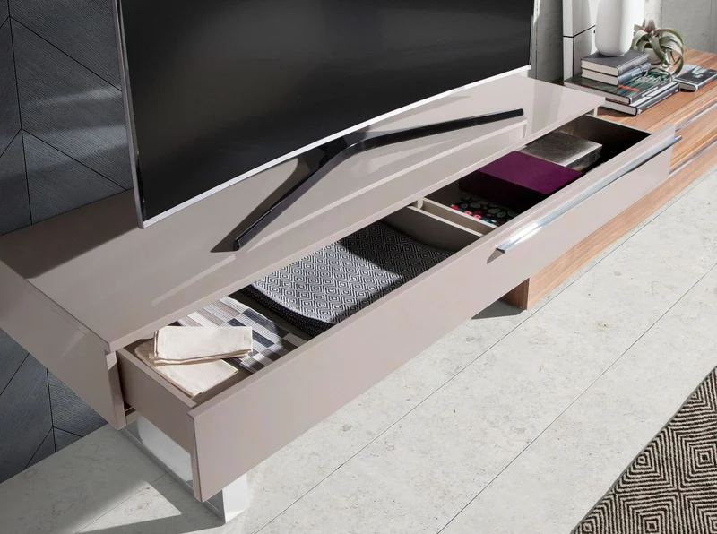 TV cabinet in beige wood, walnut and chrome steel