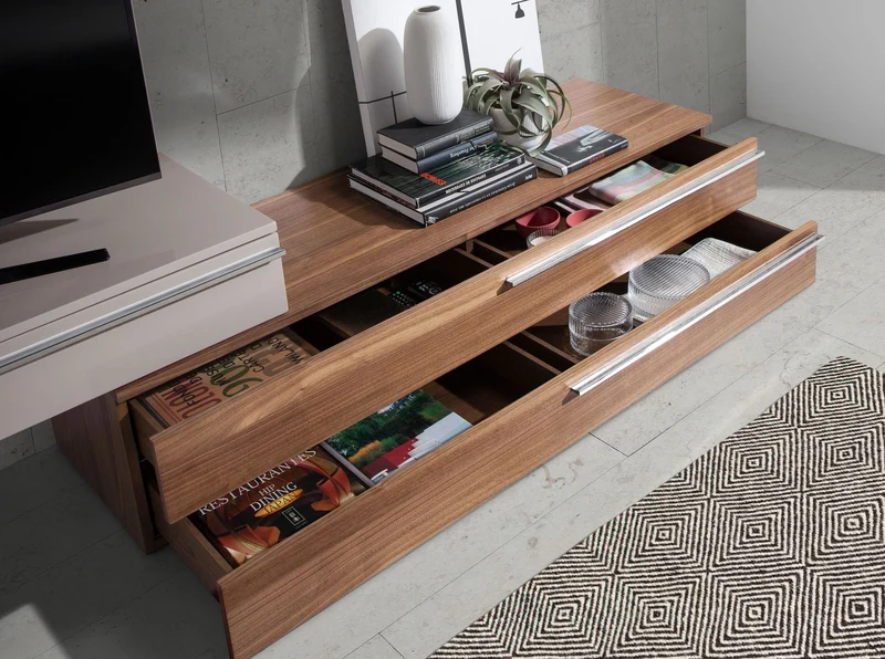 TV cabinet in beige wood, walnut and chrome steel