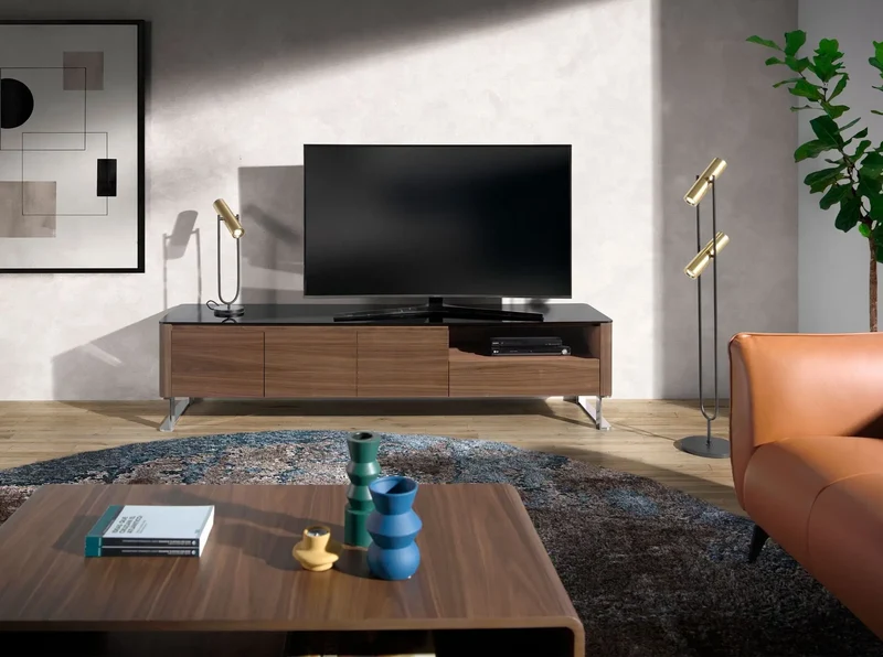 Walnut TV cabinet, chrome-plated steel and black glass top
